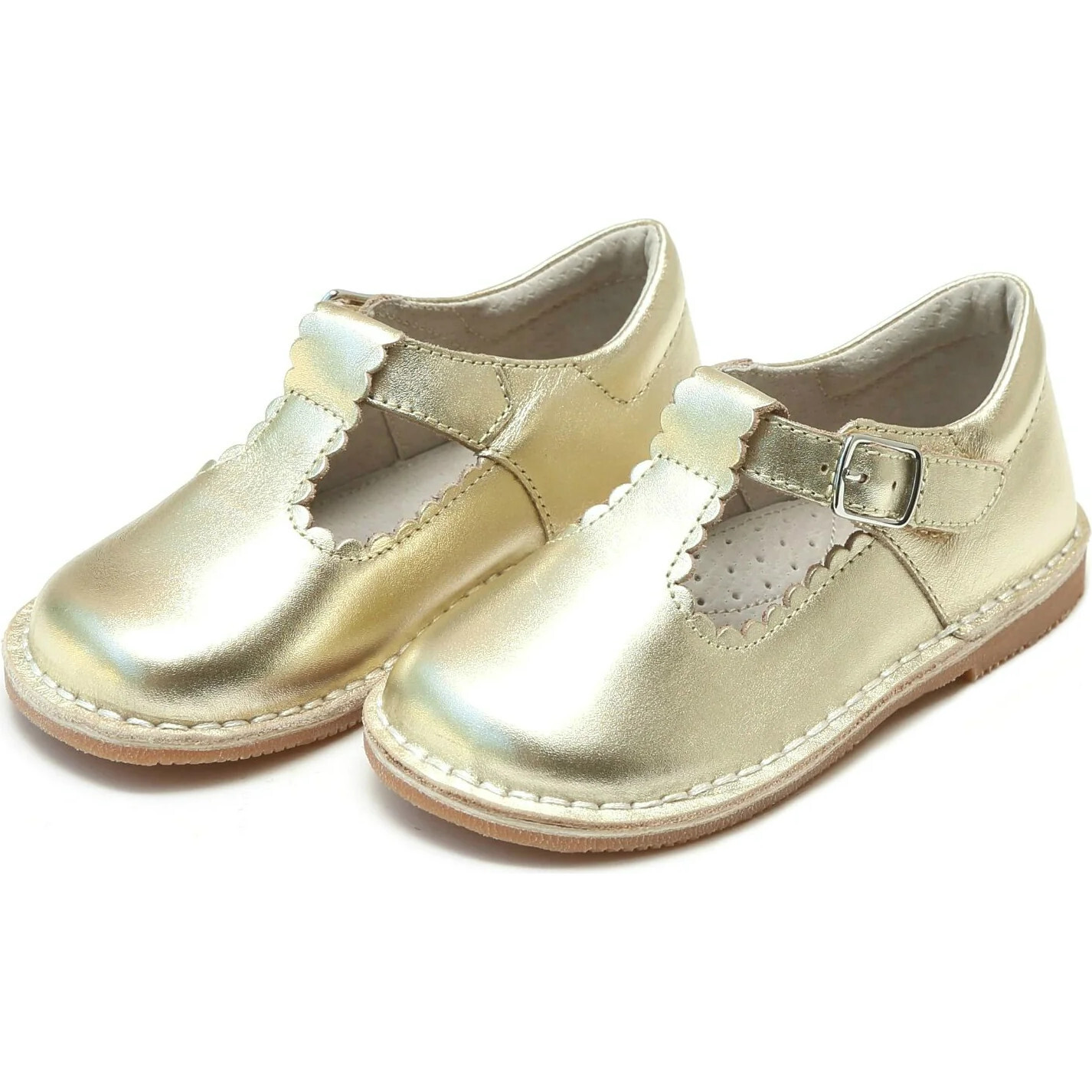 Selina Scalloped T-Strap Stich Down Mary Jane, Gold | Maisonette