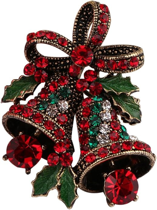 Vintage Christmas Bowknot Double Bells Brooch with Green Leaves and Colorful Rhinestones for Wome... | Amazon (US)
