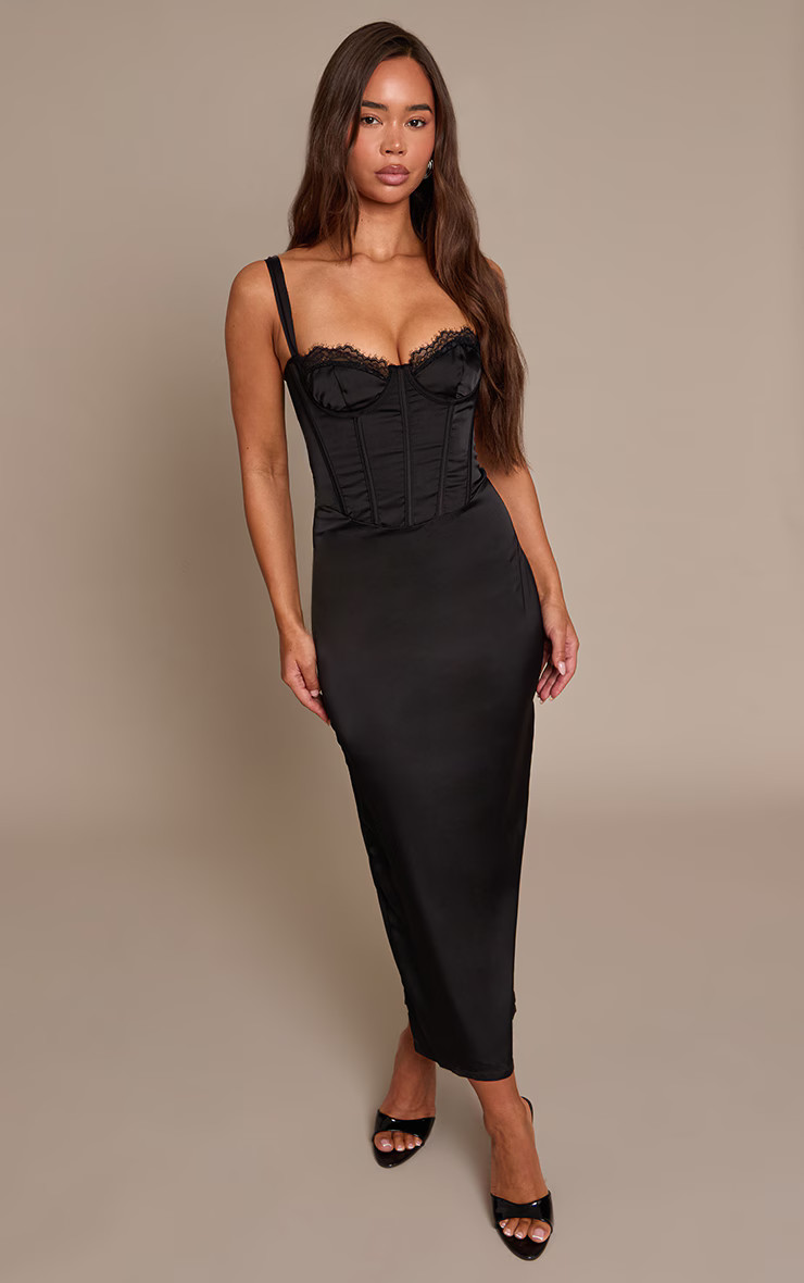 Black Satin Lace Cup Detail Midi Dress | Dresses | PrettyLittleThing US