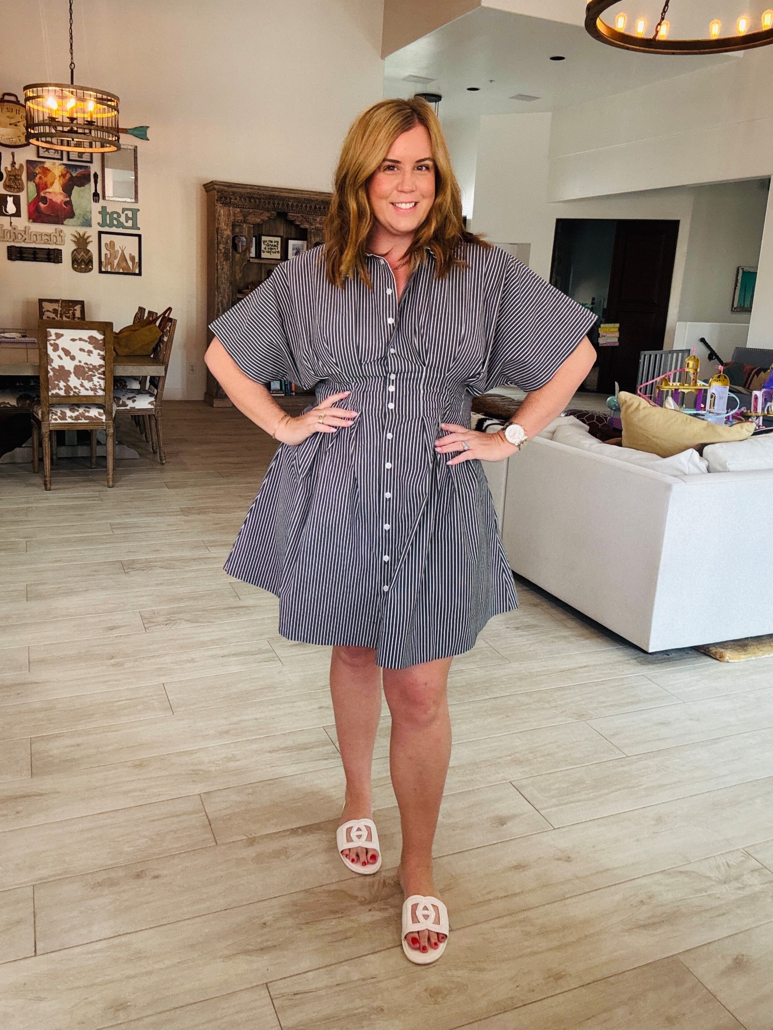 Stripes done right! Vertical lines and waist accentuation accomplished. Best part - cream shoes to elongate the legs and let the outfit flow 🖤

#LTKOver40 #LTKStyleTip #LTKPlusSize