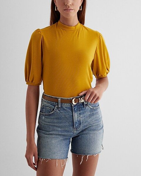 Ribbed Crew Neck Puff Sleeve Tee | Express