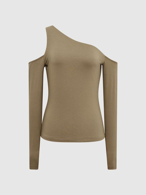 Reiss Khaki Rosie Asymmetric Off Shoulder Top | Reiss US