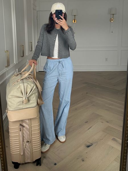 Travel outfit - wearing size small top, small cardigan and size small in striped pant 


Comfy outfit 
Casual outfit 
Loungewear 

#LTKfindsunder100 #LTKstyletip #LTKtravel