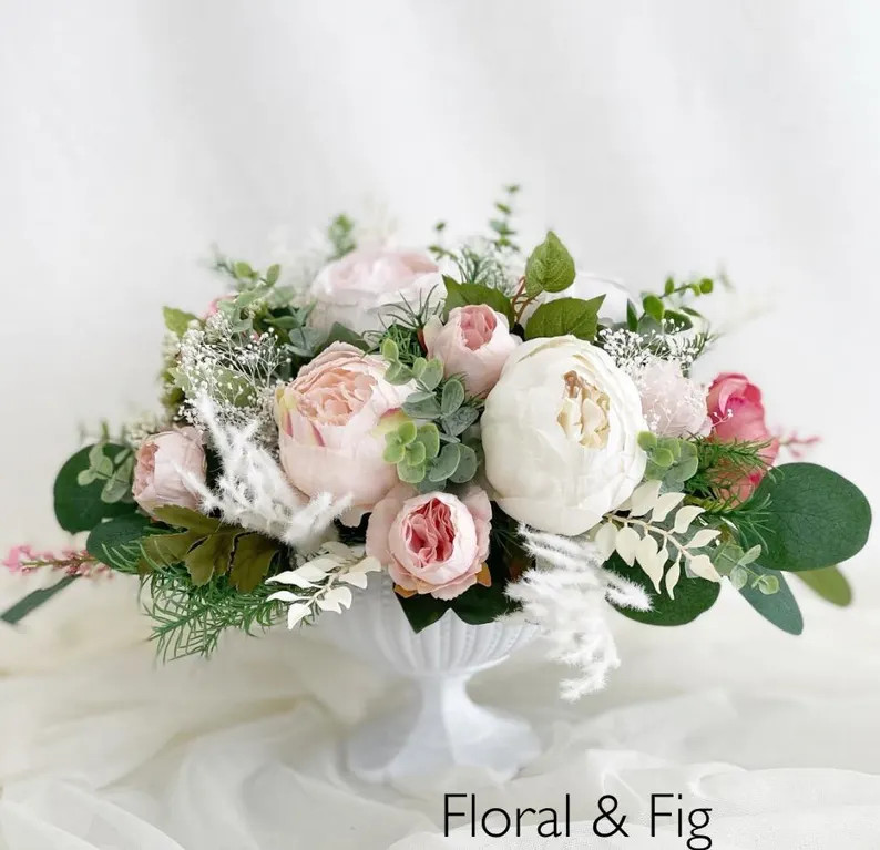 Pink & White Rose Centerpiece: Faux Floral Arrangement - Etsy | Etsy (Global)