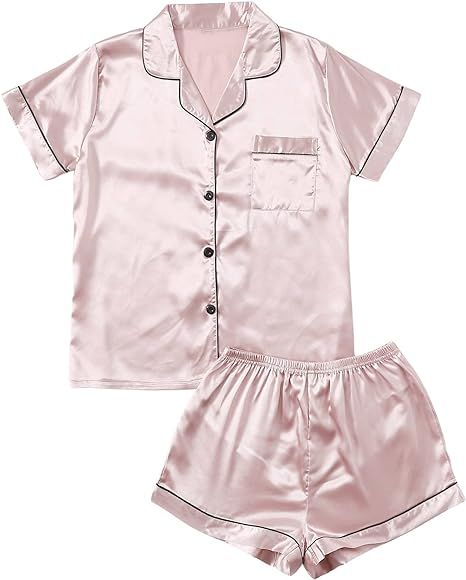 DIDK Women's Sleepwear Satin Short Sleeve Button Front 2 Piece Pajama Set | Amazon (CA)