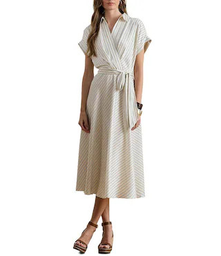 Lauren Ralph Lauren Luxe Twill Stripe Surplice Spread Collar Short Rolled Sleeve Belted Dress | D... | Dillard's