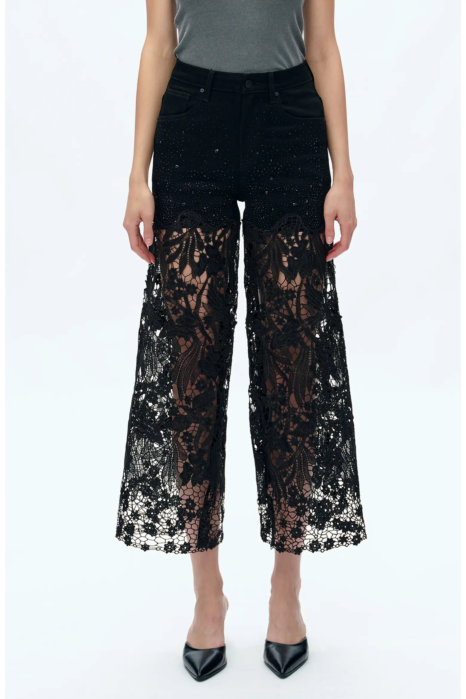 High Waist Crystal Embellished Lace Wide Leg Jeans (Women) | Nordstrom | Nordstrom