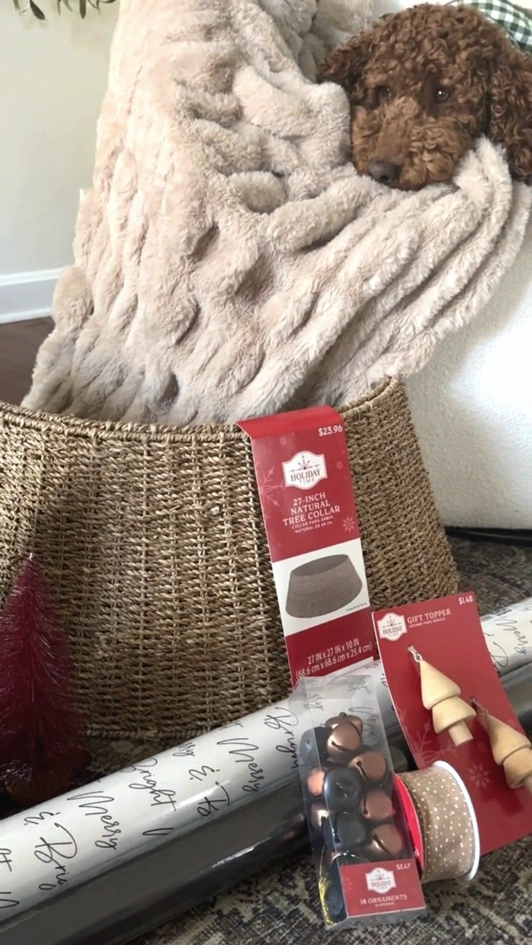 Walmart holiday decor haul 🌲 I picked up a few cute new things including a woven tree collar, burgundy bottle brush trees, and gift wrap. ✨ The ribbon & wood gift toppers aren’t available online yet - but I’ll add them here when they are 🤎

#walmartfinds

#LTKVideo #LTKHoliday #LTKHome