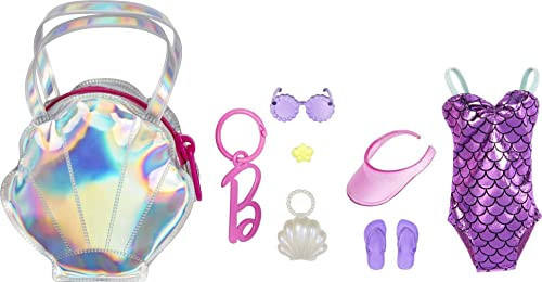 Barbie Clothes Set, Beach-Themed with Swimsuit, 5 Acessories & Zippered Doll-Sized Shell-Shaped Bag with Clip-On Ring, Iridescent | Amazon (US)