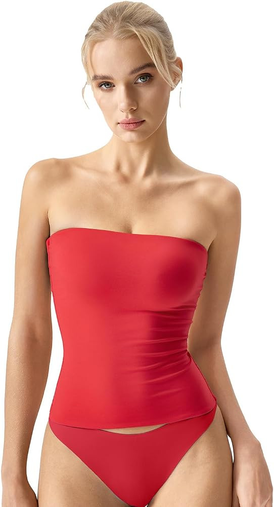 QINSEN Women's Tube Top Double Lined Strapless Bandeau Top Summer Slim Fit Going Out Tank Tops | Amazon (US)