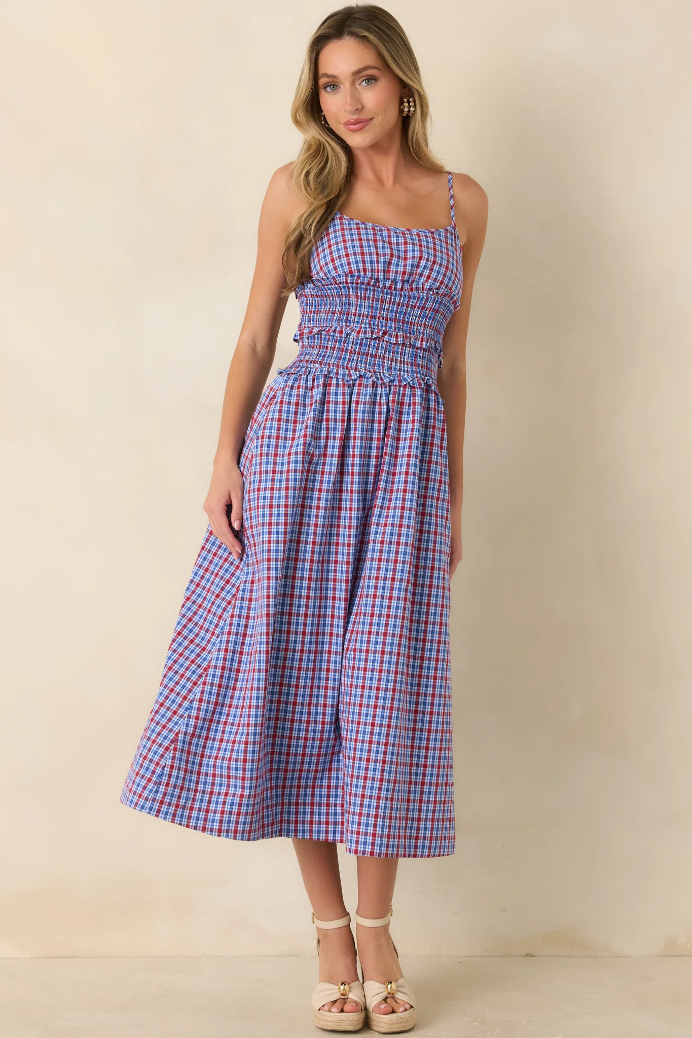 Summer Story Red & Blue Plaid Cotton Midi Dress | Red Dress