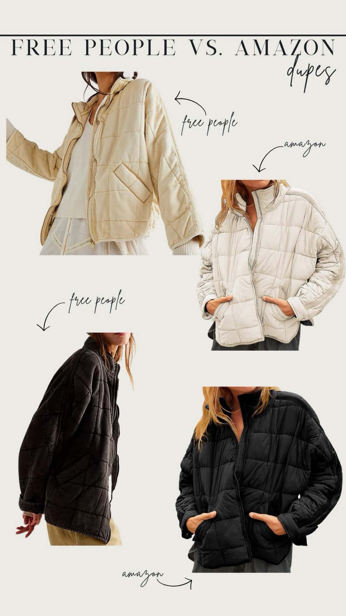 Free People dupes on Amazon! This quilted jacket from Free People is one of my favorite jackets I’ve ever owned, but this Amazon dupe is a great option for less  

#LTKFindsUnder50 #LTKStyleTip #LTKFindsUnder100
