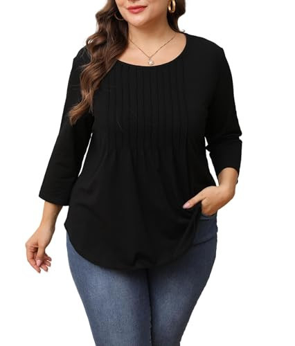 KLPOHV Womens Plus Size Tops 3/4 Length Sleeve Blouses Dressy Casual Fall Outfits Pleated Front Loose T Shirts Curved Hem Black 2X | Amazon (US)