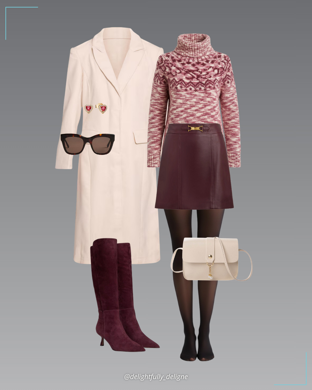 Another way to wear Tea Rose 🩷🤍 Leather mini skirt, Fair Isle turtleneck sweater, single-breasted seam-detail wool-look maxi coat, pointed-toe kitten-heel boots, crossbody bag, elevated heart stud earrings, cat-eye sunglasses & opaque tights.
 

 #LTKSeasonal #LTKOver40 #LTKWorkwear