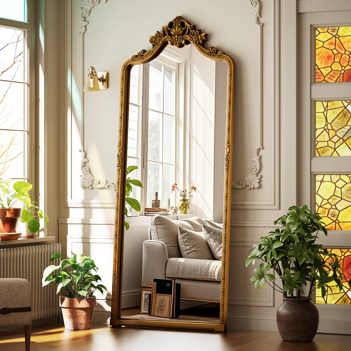 Vintage Full Length Mirror Luxury Carved PU Framed Arched Standing Floor Mirror Full Body Mirror | Wayfair North America