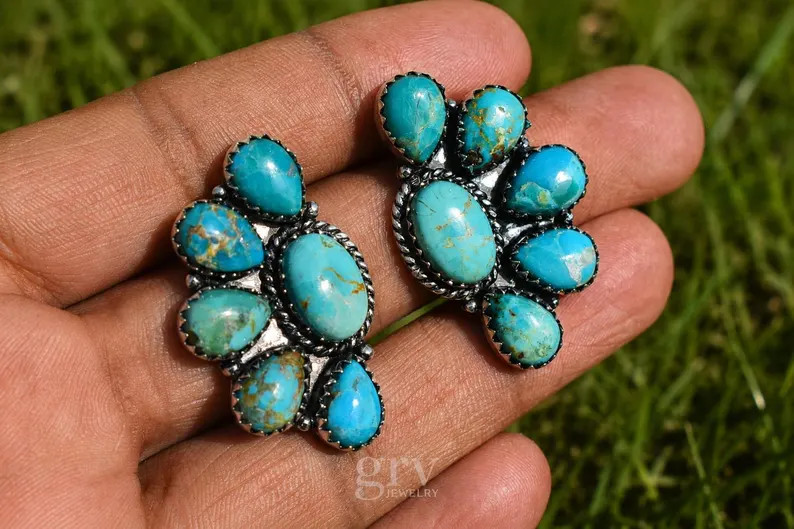 Mohave Turquoise Half Flower Cluster Earrings | Silver Plated | Turquoise Jewelry | Turquoise Ear... | Etsy (Global)