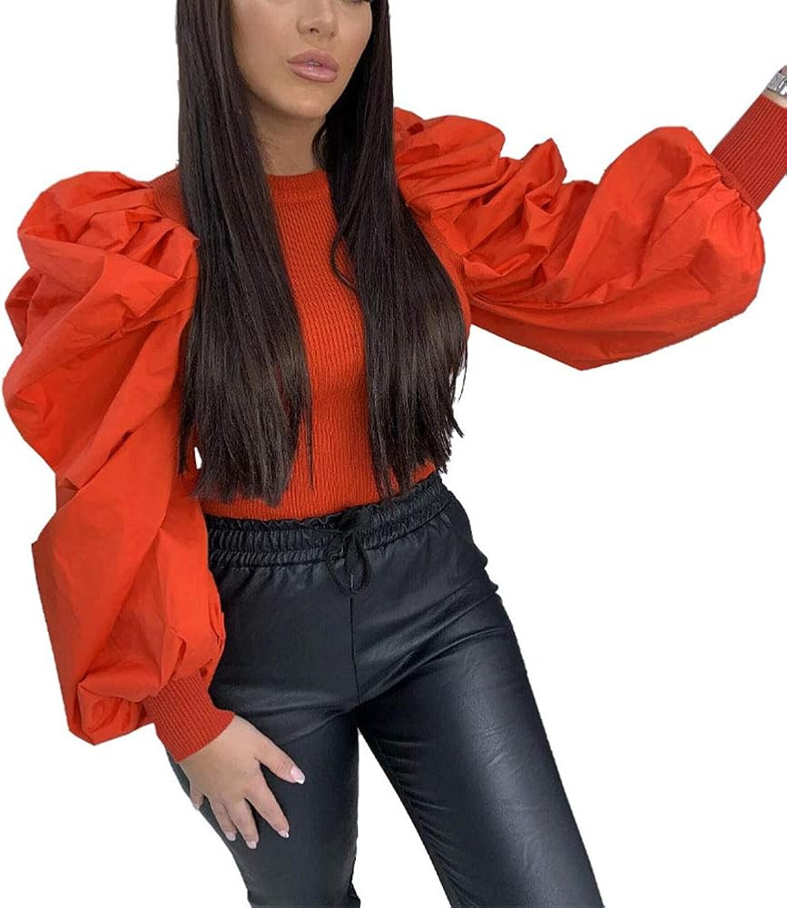 Ophestin Women's Sexy Puff Long Sleeve Tops Ribbed Ruched Crewneck Slim Fit Party Blouse T Shirts... | Amazon (US)