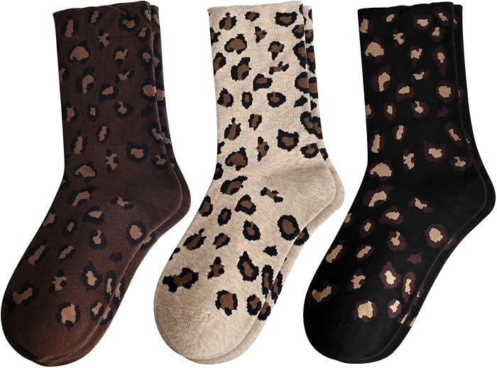 Women's Leopard Animal Crew Socks, Novelty Cheetah Print Cotton Socks | Amazon (US)