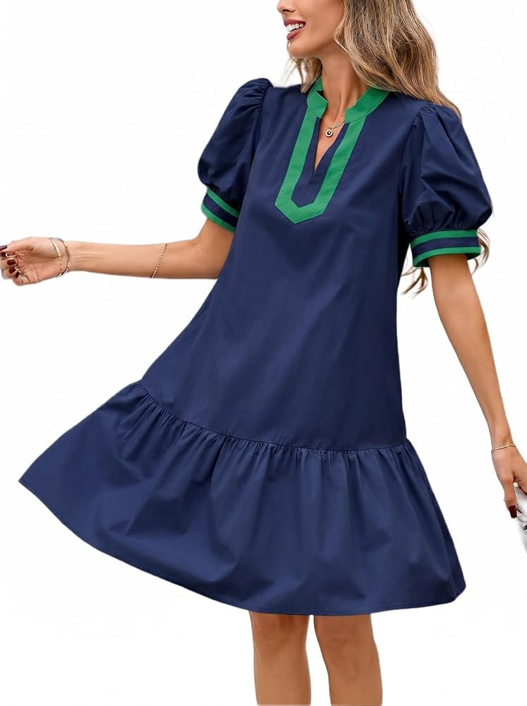 LifeShe Summer Short Puff Sleeve Dress for Women Loose Color Block V Neck Mini Beach Dresses with... | Amazon (US)