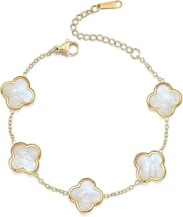 SHINYY Four Leaf Clover Bracelet for Women | 18K Gold Plated Cubic Zirconia Link Bracelet | 4 Lea... | Amazon (US)