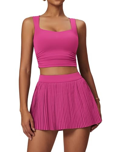 ABOCIW Women 2 Piece Tennis Dress High Waisted Pleated Skirt Sets Square Neck Padded Workout Crop Tank Tops Golf Outfits Exercise Athletic Dress for Women #2 Rose Small | Amazon (US)