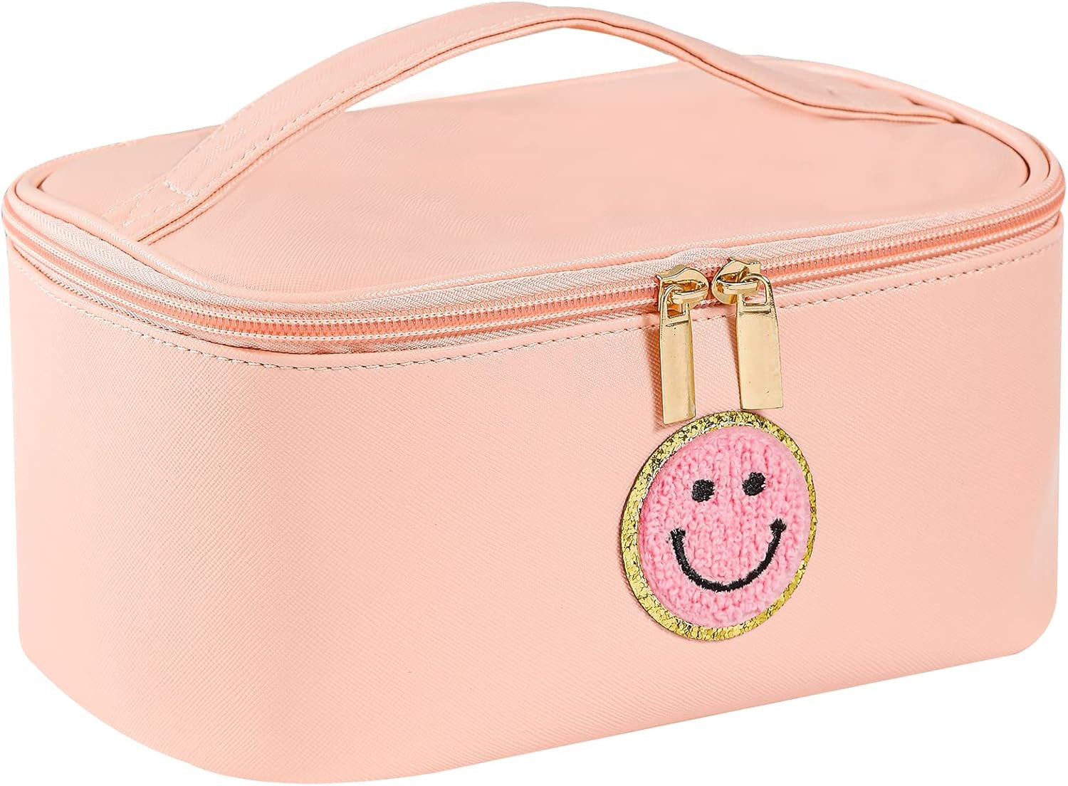 WALONER Preppy Patch Makeup Bag Leather Cosmetic Bag Large Makeup Pouch, Portable Waterproof Trav... | Amazon (US)