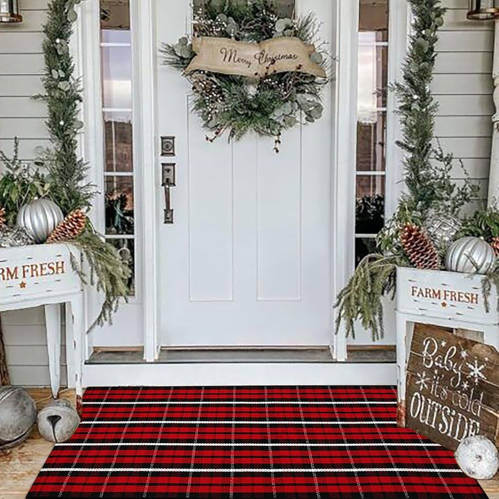 Christmas Plaid Outdoor Rug, 2' x 4'3'' Red & Black Check Indoor/Outdoor Area Rug, Layering Rug f... | Amazon (US)
