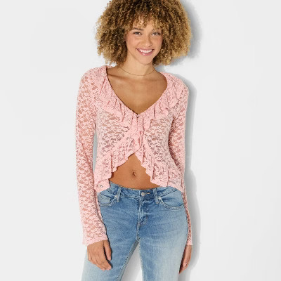 Women's Long Sleeve V-Neck Flyaway Brushed Lace Top - Wild Fable™ Pink XXS | Target