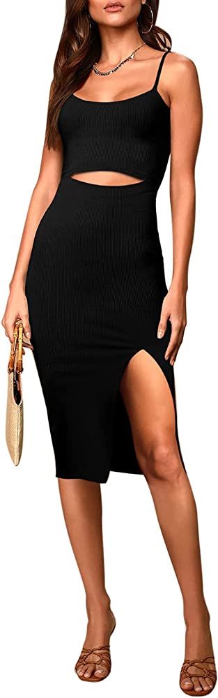 Women Sexy Sleeveless Spaghetti Straps Midi Bodycon Dress Knit Cut Out Slit Club Party Dresses | Amazon (US)