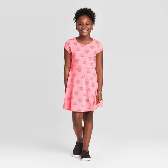 Girls' Short Sleeve Hearts Knit Dress - Cat & Jack™ Coral | Target