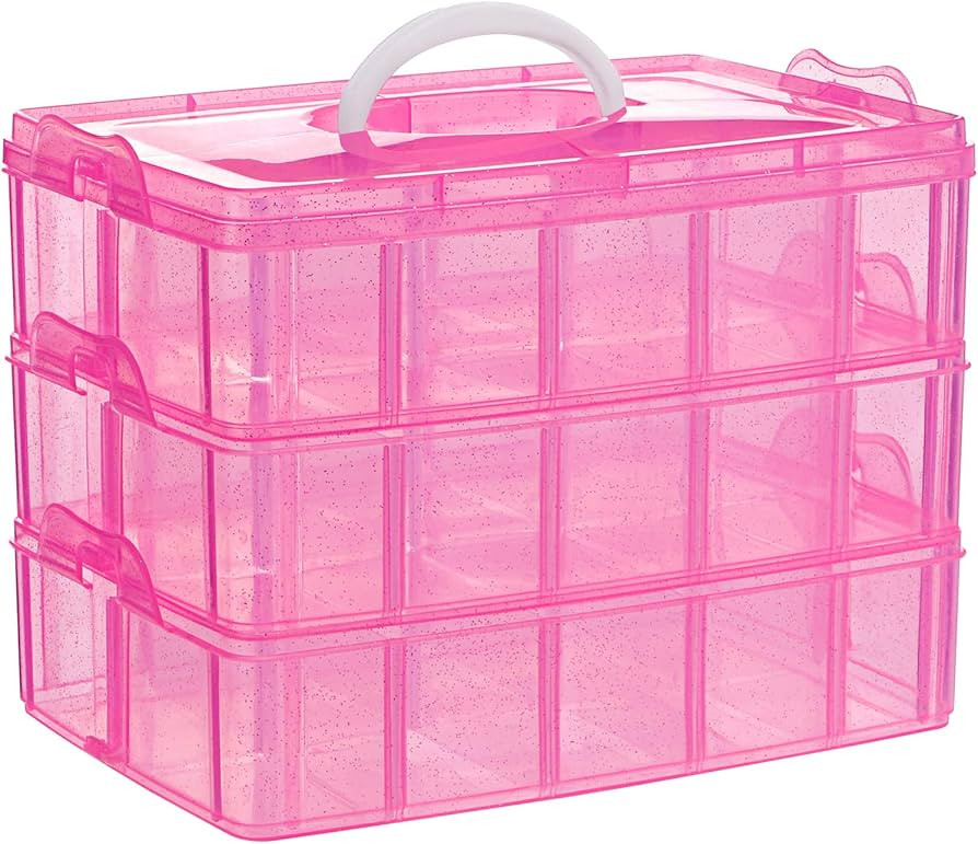 SGHUO 3-Tier Pink Craft Storage Container, Stackable Organizer Box with Dividers for Art Supplies... | Amazon (US)