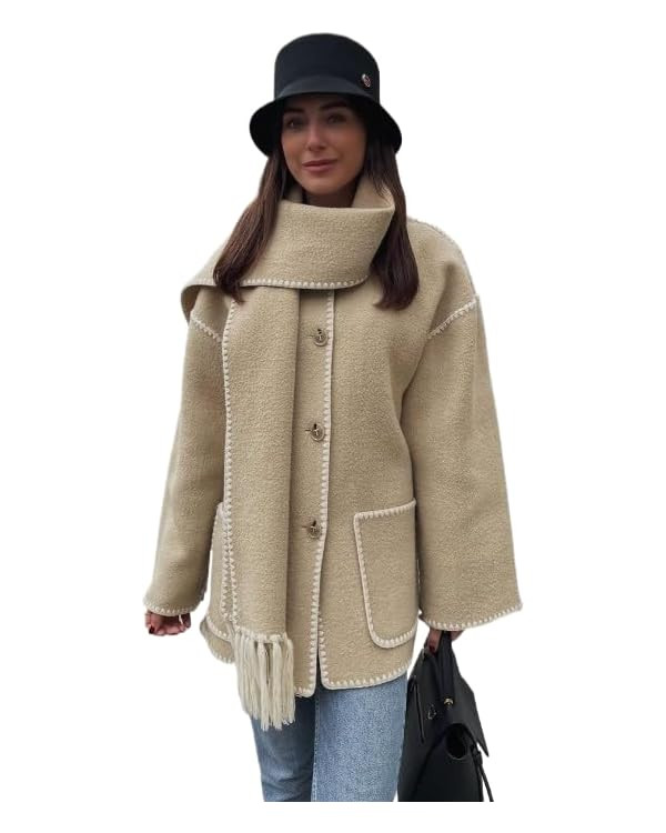 Women's tassel scarf wool coat two-piece set loose button open top wool coat jacket | Amazon (US)