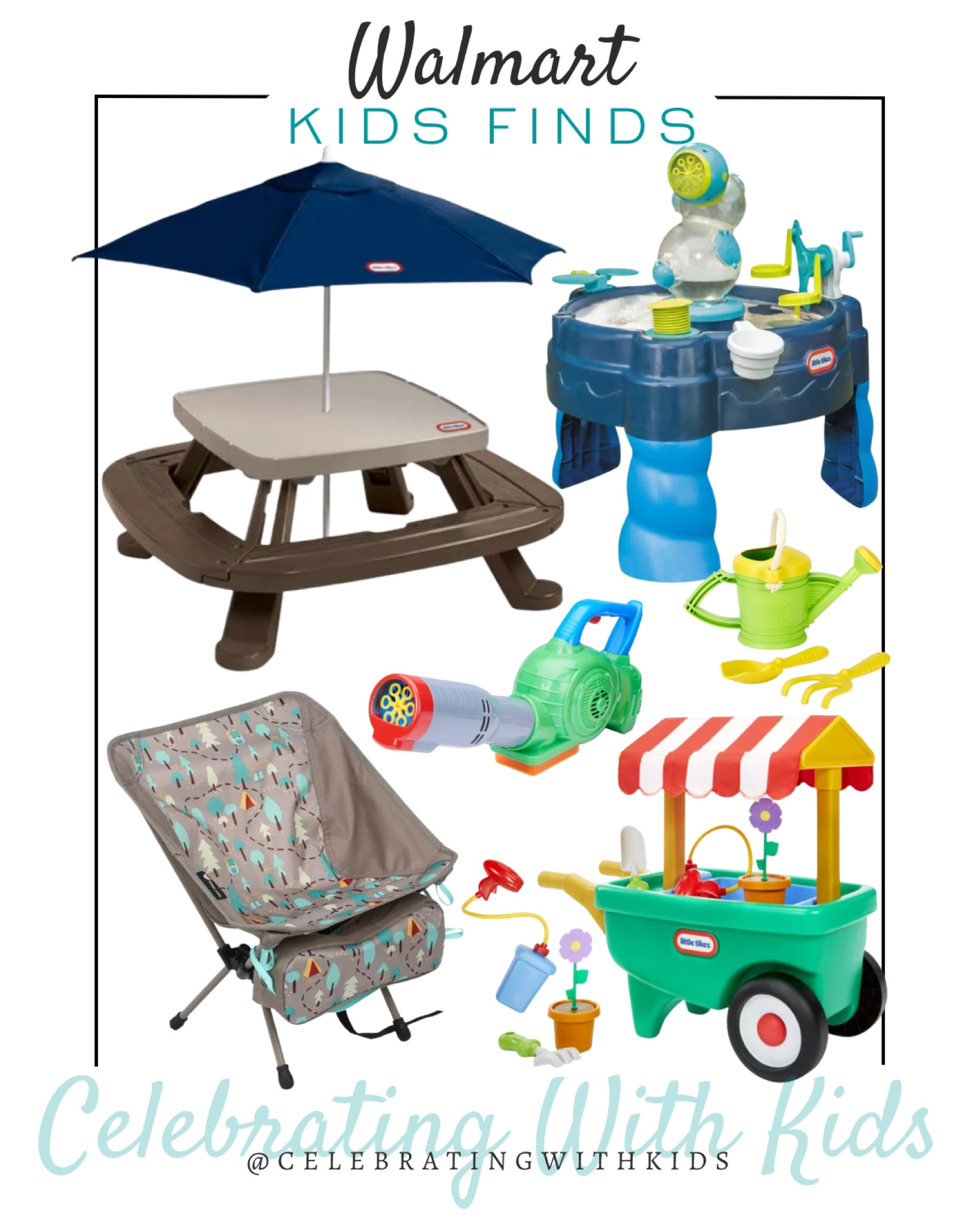 Walmart outdoor kids finds include flower cart toy, foldable kids outdoor chair, leaf blower bubble blower, picnic table with umbrella, and water table with bubble and foam machine.

Kids toys, summer toys, Walmart finds, outdoor toys, Walmart kids toys

#LTKfamily #LTKkids #LTKunder100