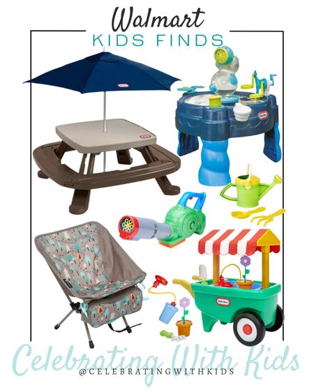 Walmart outdoor kids finds include flower cart toy, foldable kids outdoor chair, leaf blower bubble blower, picnic table with umbrella, and water table with bubble and foam machine.

Kids toys, summer toys, Walmart finds, outdoor toys, Walmart kids toys

#LTKfamily #LTKkids #LTKunder100