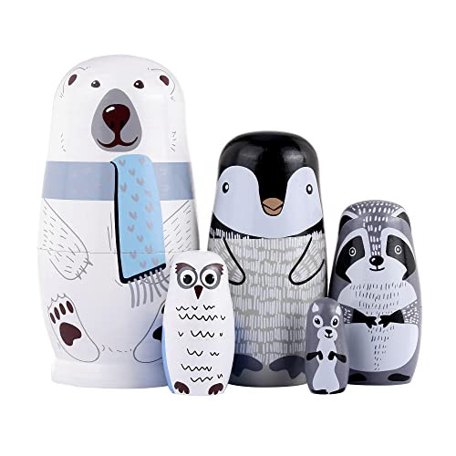 Yoption 5Pcs Russian Matryoshka Dolls Handmade Wooden Polar Bear Penguin Nesting Dolls Set for Kids Christmas Birthday Toy Gift (Polar Bear) | Amazon (US)