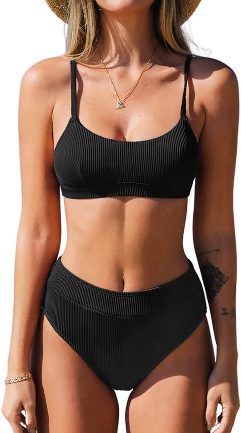 CUPSHE Women's Bikini Set Two Piece Swimsuit High Waisted Scoop Neck Swimwear | Amazon (US)