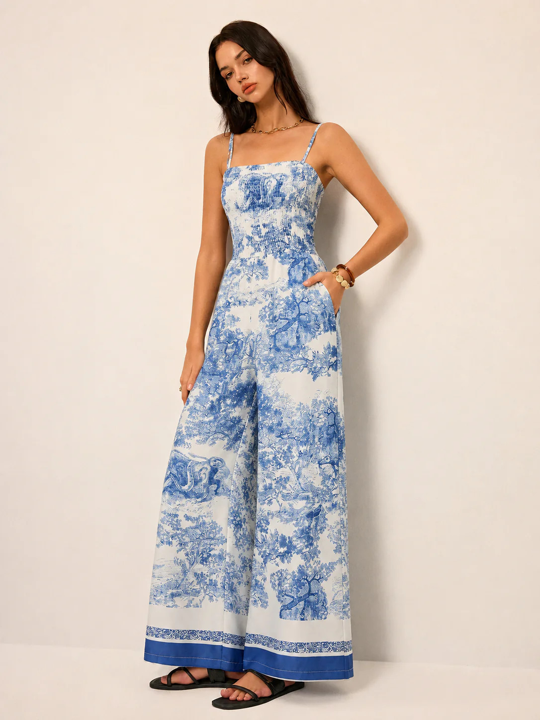 Toile Print Smocked Cami Wide-Leg Jumpsuit | Commense