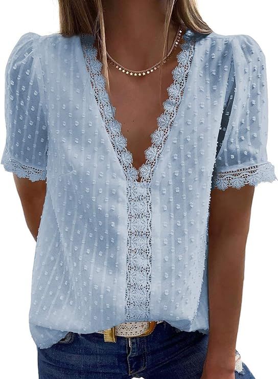 FARYSAYS Womens Summer Lace Tops Short Sleeve V Neck Polka Dot Blouses Shirts | Amazon (US)