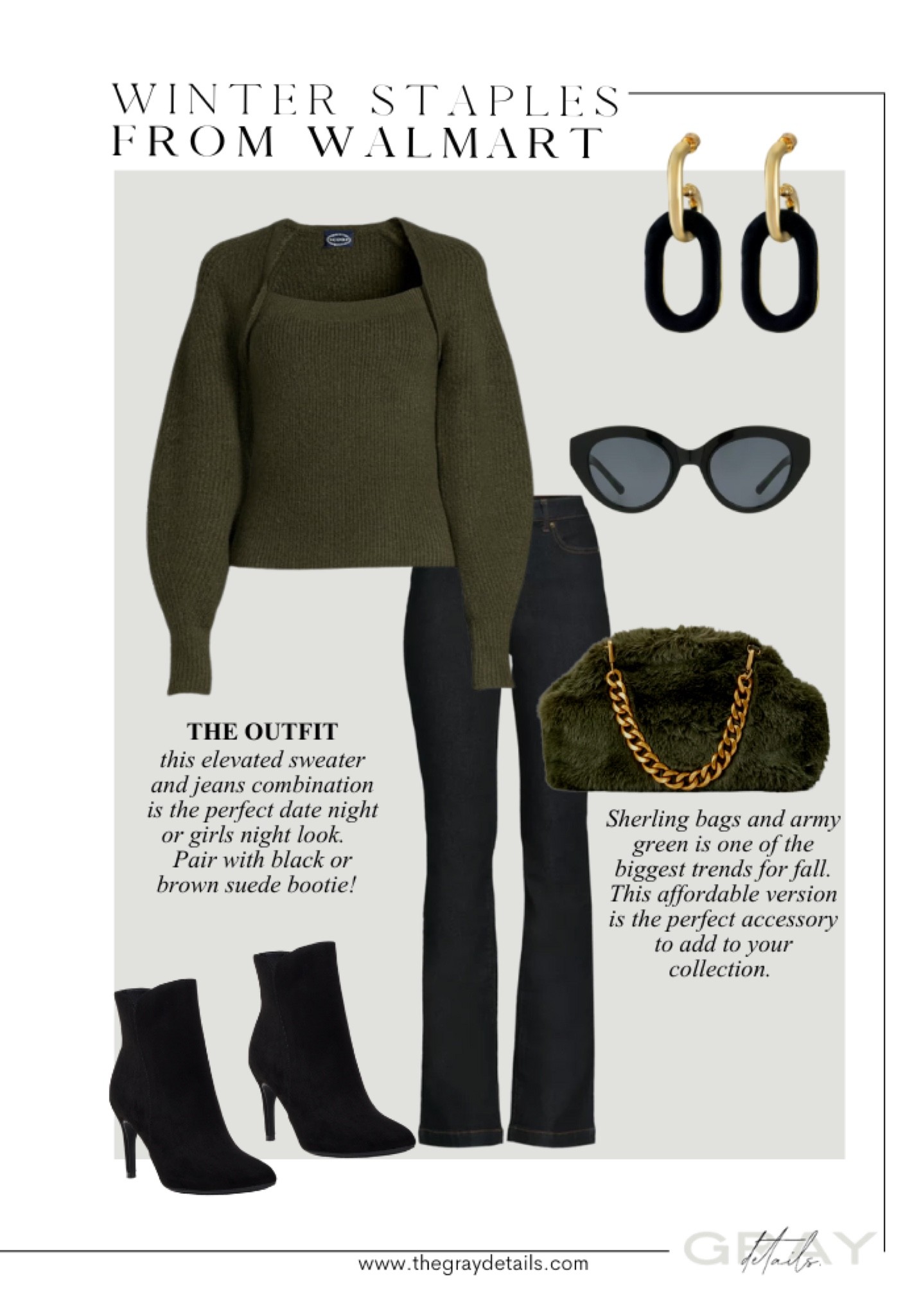 this affordable elevated sweater and jeans combination is the perfect date night or girls night look.   Pair with black or brown suede bootie! Sherling bags and army green is one of the biggest trends for fall. This affordable version is the perfect accessory to add to your collection. 
.

#LTKunder50 #LTKitbag #LTKunder100