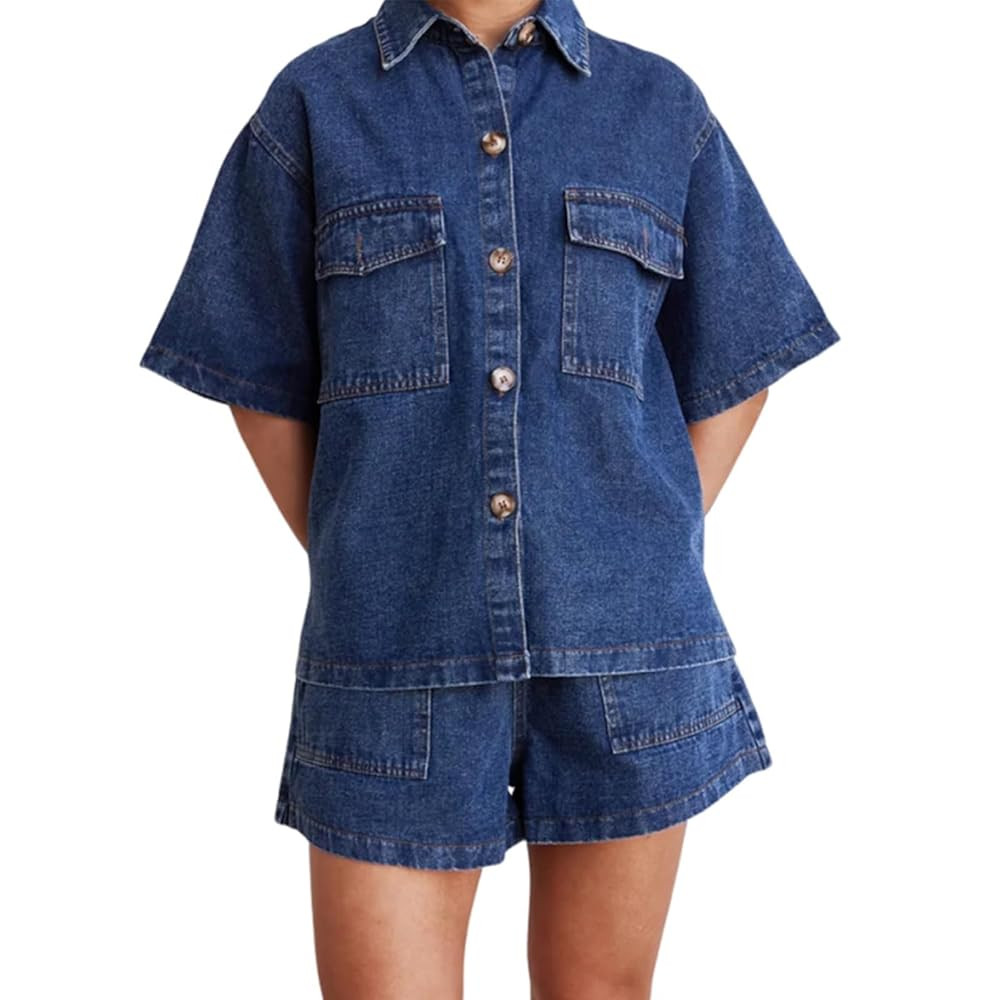 Womens Summer Denim Sets Short Sleeve Button Down Crop Jean Shirts Elastic Waist Denim Shorts 2 P... | Amazon (US)