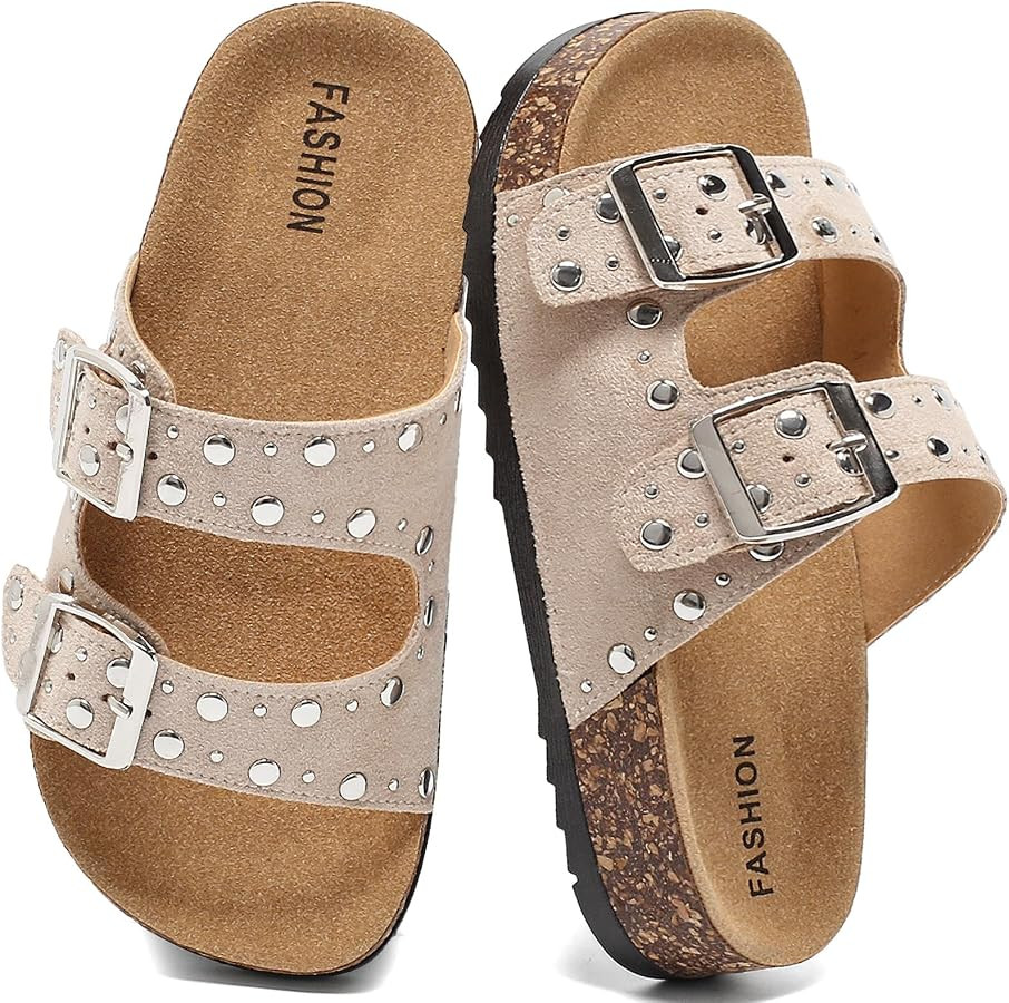 Kids Cork Footbed Sandals Boys Girls Fashion Studded Double Buckle Slide Sandals Adjustable Strap... | Amazon (US)