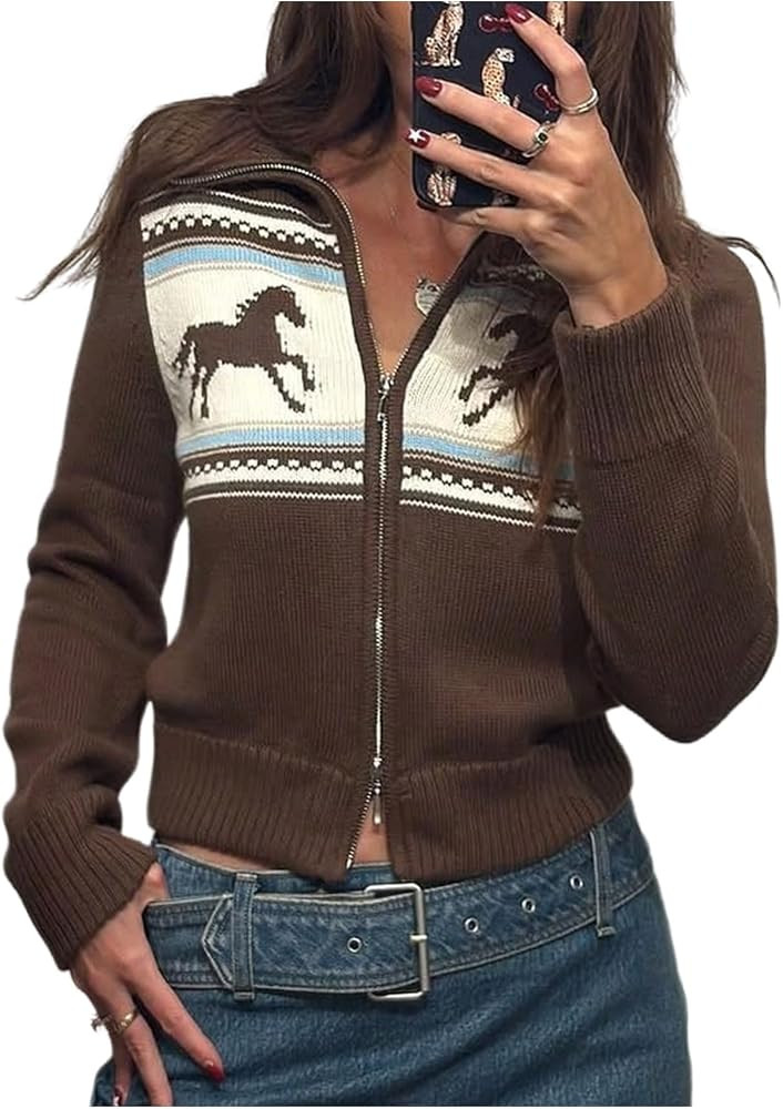 SOLY HUX Women's Zip Up Graphic Cardigan Sweaters Long Sleeve Collared Knit Tops Spring Outerwear | Amazon (US)