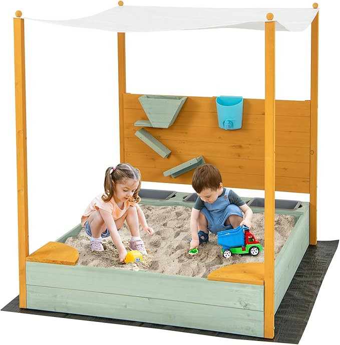 Costzon Kids Sandbox with Sand Wall, Wooden Sandpit w/Removable Canopy, Water Bucket, Storage Bin... | Amazon (US)