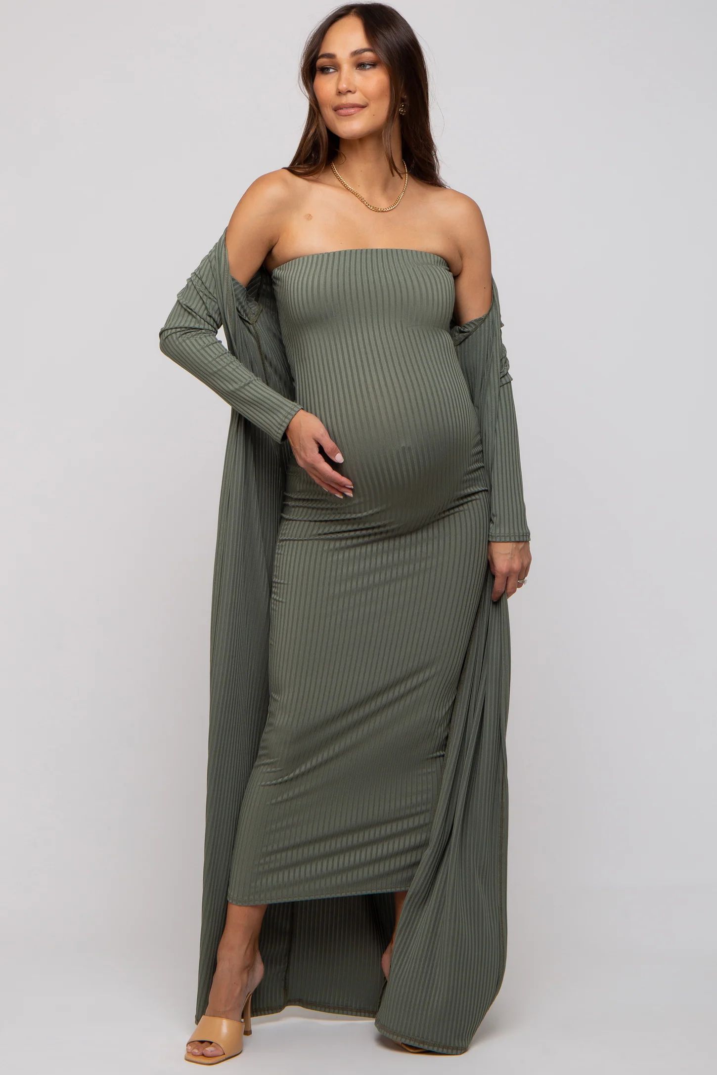 Olive Ribbed Sleeveless Dress Cardigan Maternity Set | PinkBlush Maternity