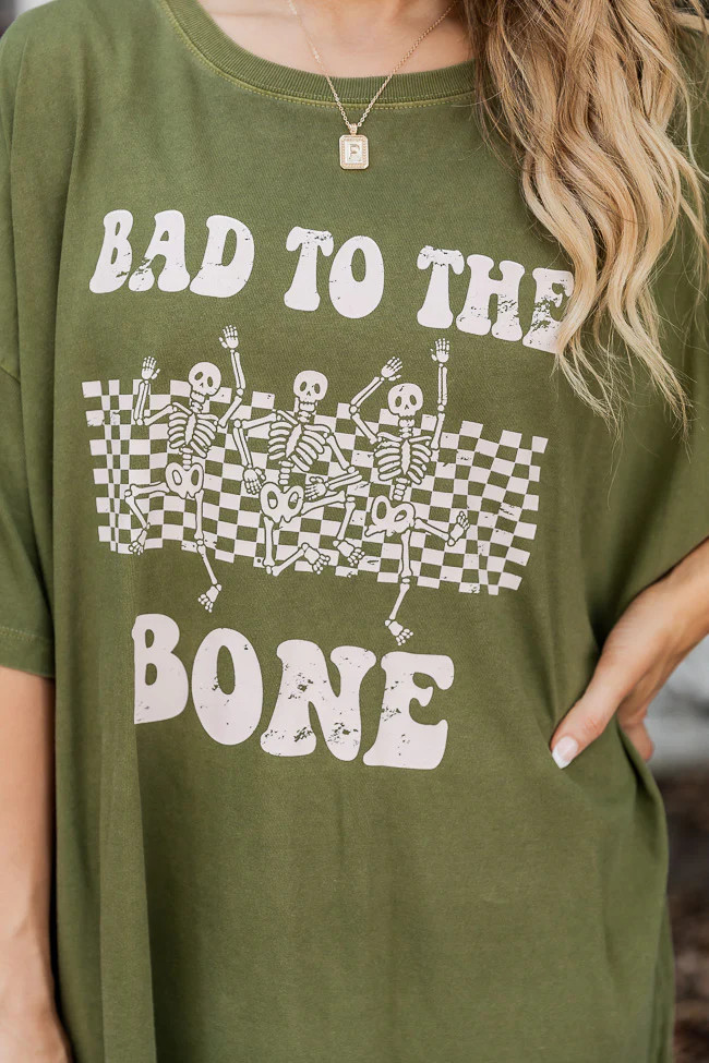 Bad To The Bone Olive Oversized Graphic Tee | Pink Lily