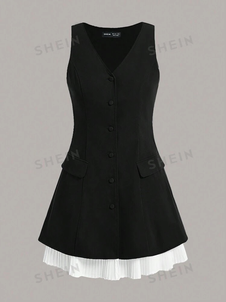 SHEINNeu Color Block Sleeveless Fake Pocket Detail Patchwork Dress | SHEIN