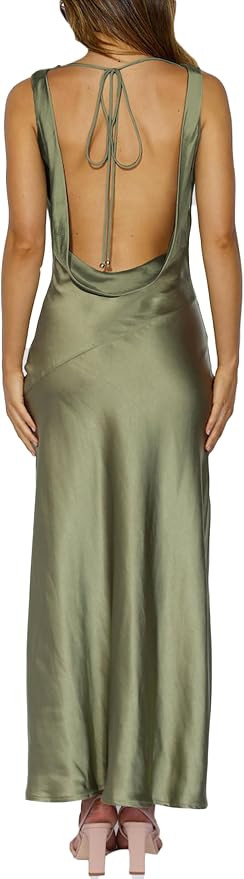 KOUNAI Satin Backless Formal Maxi Dresses for Women Wedding Guest | Silk,Cowl Neck,Drape Neck,Ope... | Amazon (US)