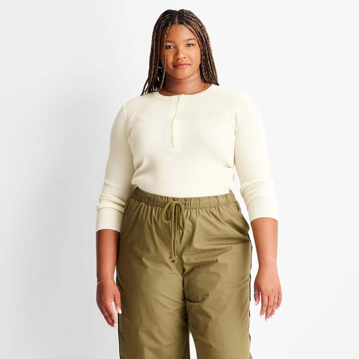 Women's Crewneck Zip-Front Sweater - Future Collective Cream 1X | Target