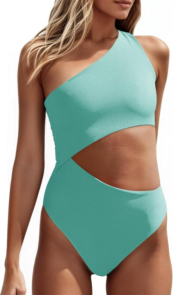 Women's One Piece Ribbed Swimsuit One Shoulder Cutout Swimwear Sexy Bathing Suit | Amazon (US)