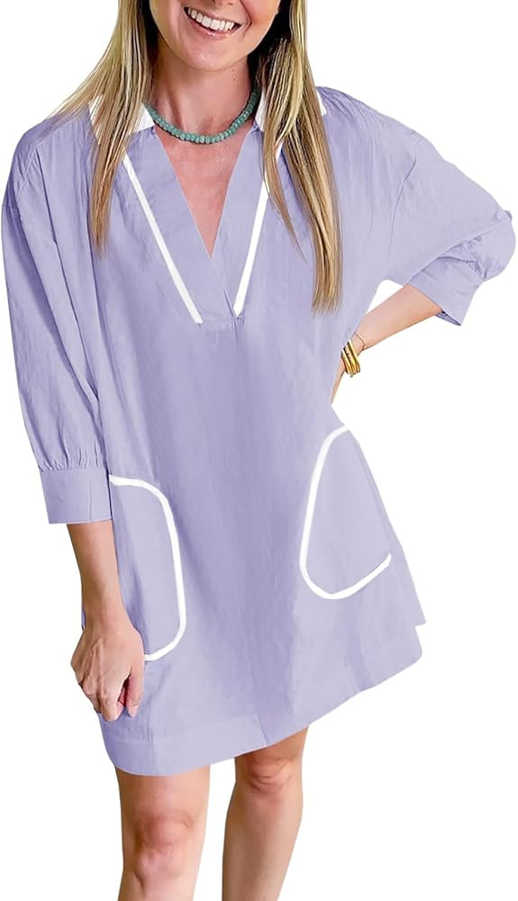 Saodimallsu Womens V Neck Swimsuit Coverup 3/4 Sleeve Collar Color Block Oversized Cover ups Mini... | Amazon (US)